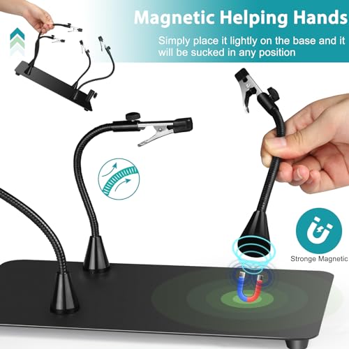 Helping Hands Soldering Station, 12X Magnifying Glass with Light and stand with 4 Magnetic Third Hand Soldering Tool, PCB Holder Magnifier Desk Lamp for Soldering Repairing Jewelry Crafts