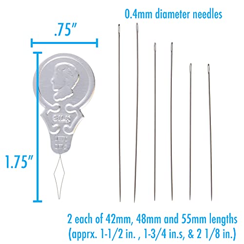 Miyuki Extra-Fine Beading Needles – 6 Pack, Assorted Sizes, 0.4mm Diameter – Needle Threader Included – Made in Japan – Use with Delica Beads for Jewelry Making and Other Seed Bead Projects - size: 42mm, 48mm, 55mm
