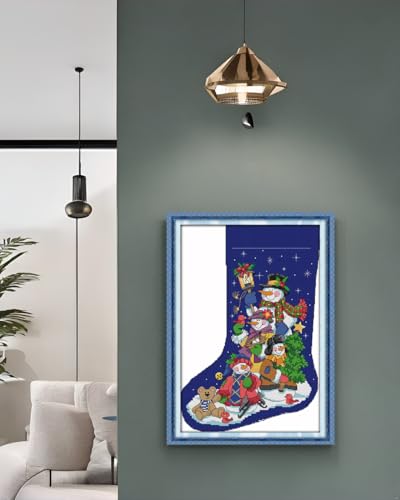 CaptainCrafts Cross Stitch Kits, Counted Cross Stitch Unprinted Fabric Cross Stitching DIY Art DMC Needlecrafts Embroidery Kit for Adults Beginner (Unpreprint 14CT, Christmas Stocking Snowman Blue) - color: Christmas Stocking Snowman Blue, style: Unprepri