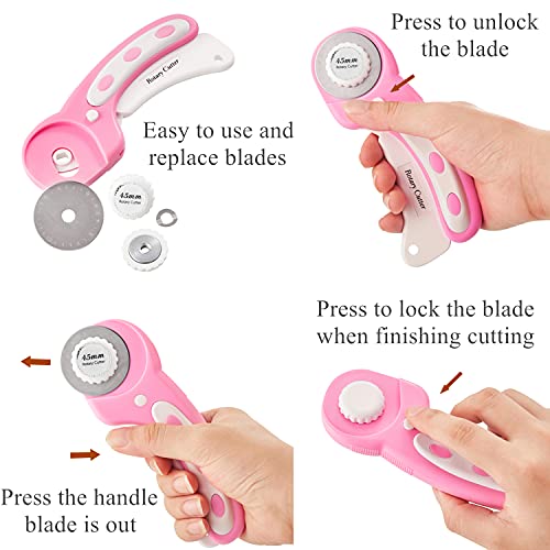 45mm Rotary Cutter with 5pcs Extra Blades, Ergonomic Handle Rolling Cutter with Safety Lock for Fabric, Leather, Crafting, Sewing, Quilting, Fabric Rotary Cutter Perfect for Left & Right Hand(Pink) - color: Pink, size: 45mm