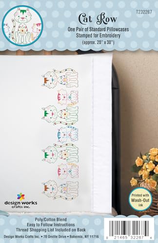 Cat Row Stamped for Embroidery Pillowcases - Set of 2