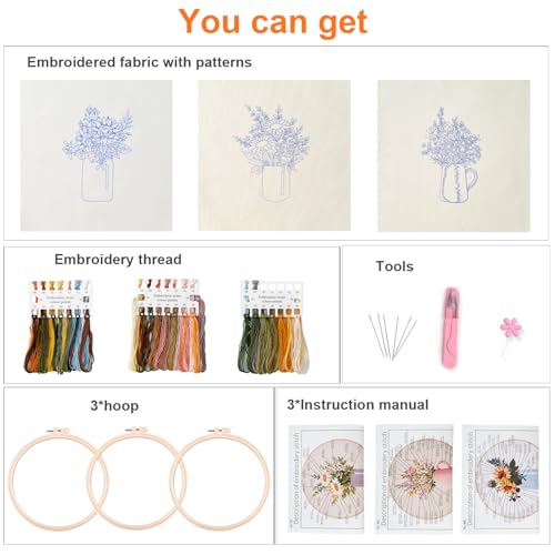 Myfelicity Embroidery kit,Floral Embroidery Art Kit, Set of 3, Decorative Pitcher Designs with Sunflowers and Wildflowers