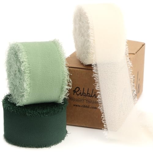 Ribbli Green Ribbon 1 Inch x 3 Rolls Total 24 Yards Ivory/Sage/Forest Green Handmade Fringe Chiffon Silk Ribbon for Wrapping Wedding Invitations Bridal Bouquets DIY Crafts Home Decor - color: Ivory/Sage/Forest Green