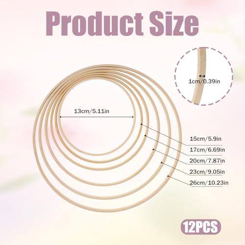 12 Pack Wooden Floral Hoops for Crafts, Wreath Rings in 6 Sizes (5, 6, 7, 8, 9, 10 Inch) - Macrame Rings for Wedding Wreath Decor and Wall Hanging
