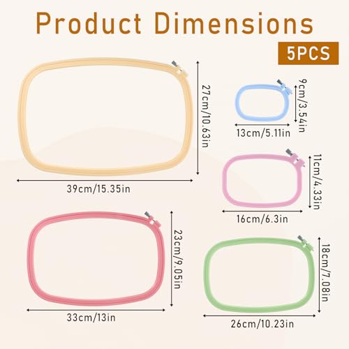 5 Size Rectangular Embroidery Hoops Set, Reusable Cross Stitch Hoops, ABS Plastic Candy Color Embroidery Hoop, Frames Rings for DIY Craft Sewing Project Needlework