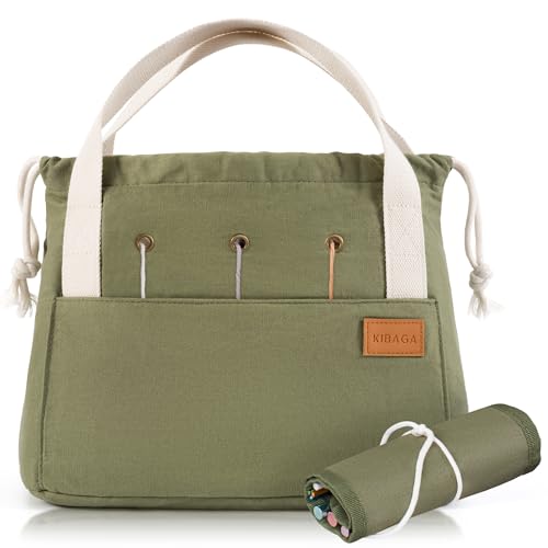 Stylish Crochet Bag Organizer for Yarn - Durable Canvas with 8 Pockets - color: Sage