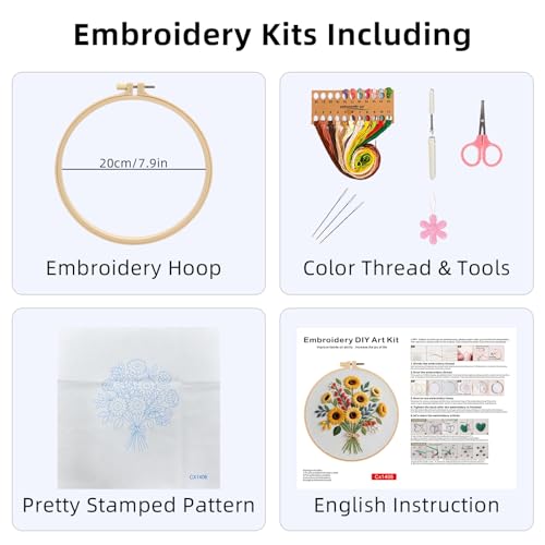 Herdiese Embroidery Kit for Beginners & Adults with Flower Pattern - color: Flower-A