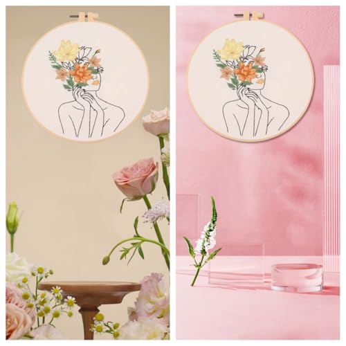 IUHUI Embroidery Kit for Beginners Adults - Fashionable Women Wearing Flowers Easy Patterns, DIY Hand Stitching Embroidery Set with Hoop (Gorgeous Woman) - color: Gorgeous Woman