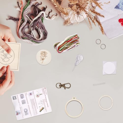 FREEBLOSS 5 Set Embroidery Keychain Kit with Mini Embroidery Hoops Stamped Mini Needlepoint Kit Cross Stitch Kits with Instruction for Beginners DIY Jewelry Pendant