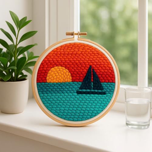 CELCRAFTIQUE Punch Needle Kits for Adults Beginner, Tool with Punch Needle Fabric, Hoops, Yarns and Sewing Needles (Style 3) - color: Sail At Sunset