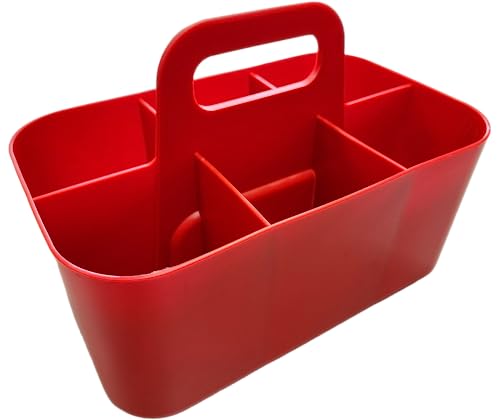2 Pack Small 6 Compartment Multiuse Caddy Organizer with Handle Art Craft Supplies, Office, Desk, Stationery Pen Holder Stackable- Made In USA (Red) - color: Red