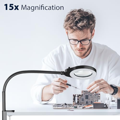 15X Magnifying Glass with Light and Stand, 5 Color Modes Stepless Dimmable LED Lighted Desk Lamp, 84 LED Magnifying Lamp Hands Free Flexible Gooseneck Magnifier for Repair Crafts Hobby Sewing - size: 15X MagnifyingA