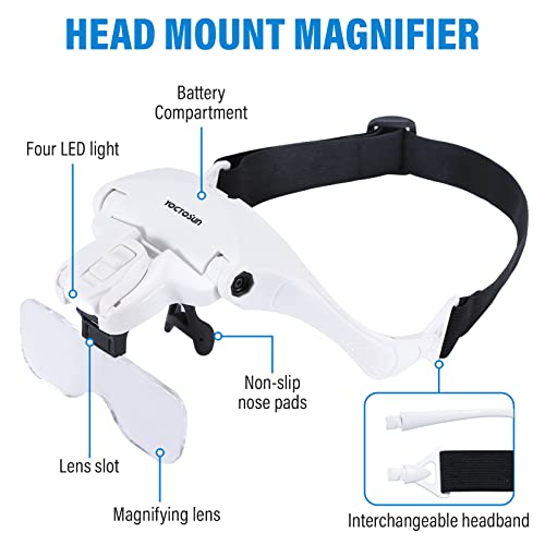 YOCTOSUN Head Magnifying Visor with 4 LED Lights and 5 Detachable Lenses 1X, 1.5X, 2X, 2.5X 3.5X - Hands-Free Headband Magnifier Glass for Jewelry, Arts, Crafts and Close Work - style: Head Magnifier with 4 LED Lights