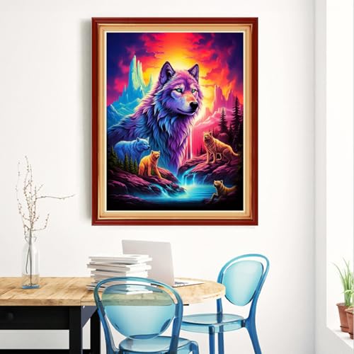 Magxvouy Cross Stitch Kits Stamped Full Range of Embroidery Kits,Cross Stitch Patterns Needlework Kits for Beginners 11CT Printed Kits&Wolf King 16x20 inch - color: Artcolor04