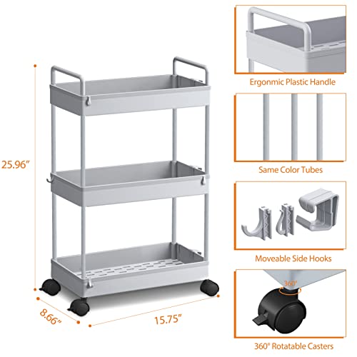 Ronlap 3 Tier Slim Rolling Storage Cart with Wheels Utility Organizer, Grey - color: Gray