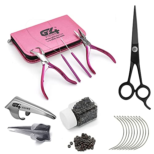 Professional Hair Extension & Beading Tool Kit Remove Plier Set for beads (4 Piece) I-Link Micro Ring Loop Needle Pulling Hook Threader Wire for Silicone Rings (Dark Brown Beads) - color: Dark Brown Beads