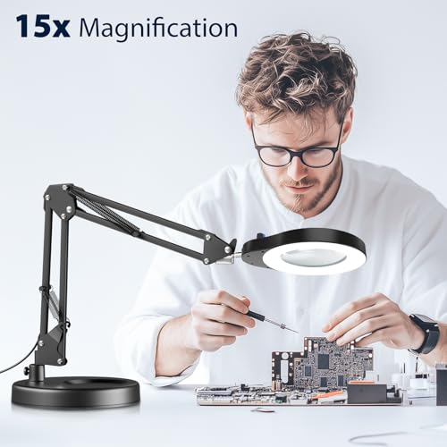15X Magnifying Glass with Light and Stand, 84 LED Desk Magnifying Glass wtih Clamp,5 Color Modes Stepless Dimmable LED Lighted Desk Lamp for Craft Hobby Painting Reading Sewing Close Work - size: 15X LampB