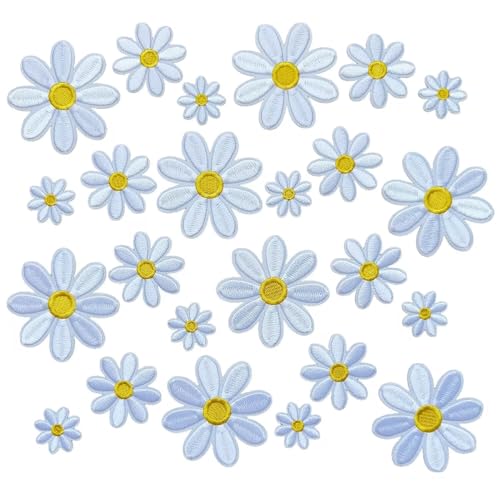 24pcs Daisy Flower Iron on Patches White, 3 Sizes Floral Embroidered Patches Applique for Clothes Hats Jeans Jacket - color: White Daisy