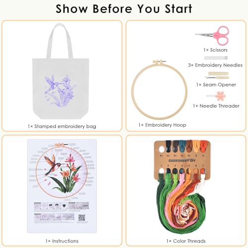 ERKOON Embroidery Canvas Tote Bag for Beginners, Needlepoint Arts Crafts Cross Stitch Kits for Adults Including Stamped Embroidery Bag with Hoops, Needle, Instruction and Color Threads (Hummingbird) - color: Hummingbird