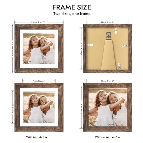 Hongkee 6x6 Picture Frame with Real Glass Wood Frame, 1 Pack (with Mat 4x4) - color: Rustic Brown, size: 6X6 in