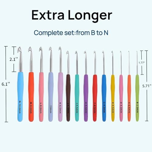 VOLYAR 14 Size Crochet Hook Set with case, 63 Pack Ergonomic Crochet Set 2mm(B)-10mm(N),Crochet Kit for Beginners, Long Crochet Needles