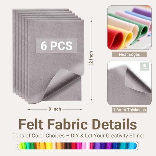 Light Gray Soft Felt Sheets for Crafts, 9" x 12", 1.6mm Thick, 6 Pcs - color: Light Gray