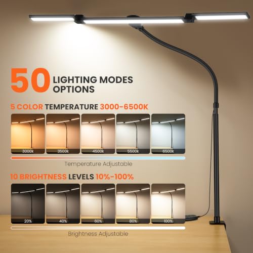 LED Desk Lamp for Office Home, 3 Light Bar Adjustable Desk Light with Clamp - color: Black