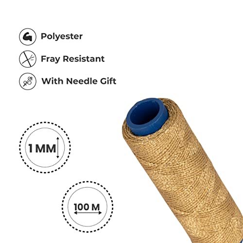 Waxed Thread, Strong Thread for Leather, Upholstery, Shoe, Bag, incl. Needle (Colour: Gold) - color: Gold