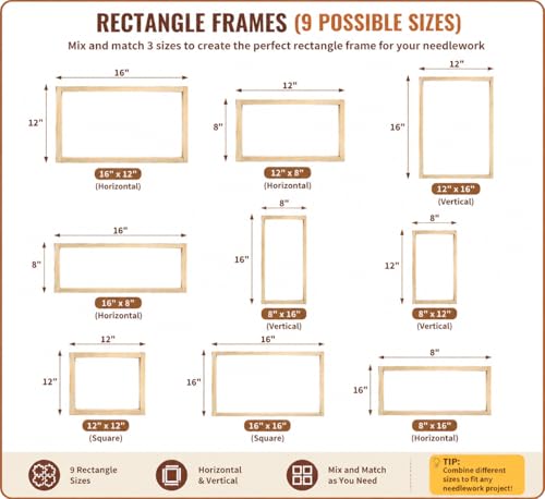 Needlepoint Stretcher Bars for Needlework, 12-Piece Wooden Canvas Frame Set with 100 Tacks, 8, 12 & 16 Inch, Tool-Free Square or Rectangle Frames for Cross Stitch, Embroidery & Quilting