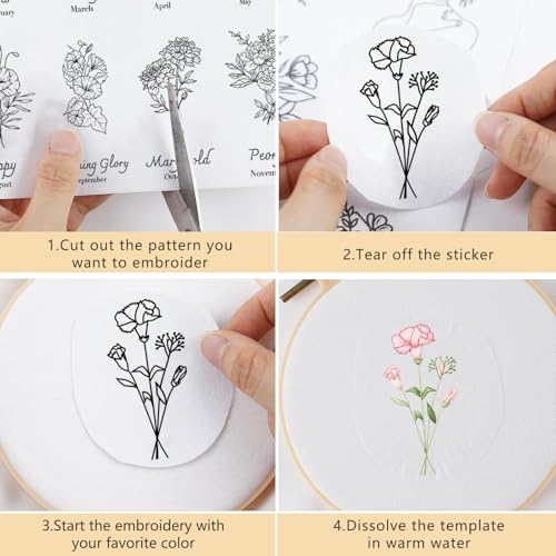 Flower Water Soluble Embroidery Patterns, 4 Sheets 50 Pcs Stick and Stitch Embroidery Papers Wash Away, Pre-Printed Floral Birthday Pattern Transfers for Hand Sewing Lovers Beginners Customized Gifts - size: Floral Birthday