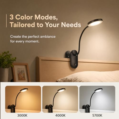 Clip on Light, Stepless Dimmable & 3 Colors Touch Control Clip On Bed Light. Dorm Room Essential 2600mAh Rechargeable Battery Powered Lamp. Flexible Clip On Lamp for Desk/Bedside/Headboard - color: Black