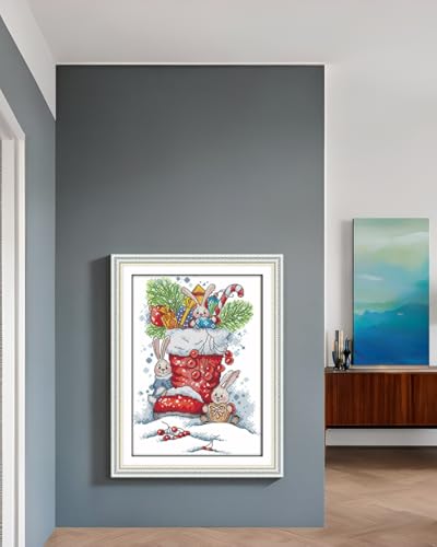 CaptainCrafts Cross Stitch Kits Full Range Stamped Cross Stitch Preprinted 14CT Fabric DIY Art Needlecrafts Embroidery Kit for Adults Beginner (Stamped 14CT, Rabbit in The Christmas Boots) - color: Rabbit In The Christmas Boots, size: Stamped 14CT