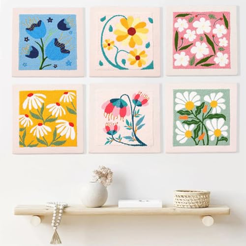 Allazone Punch Needle Embroidery Kit - Square Frame with Flower Pattern, Hoop, Yarns, Beige and Yellow - color: Beige and Yellow
