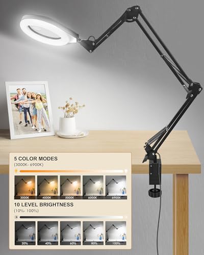 Magnifying Glass with Light, 10X/5X Lens, Dimmable, Swing Arm, White - color: White