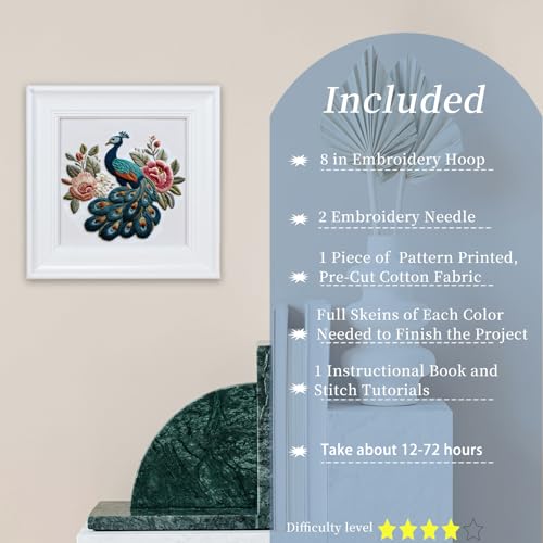 FONNUY Flower Peacock Embroidery Kit for Beginners, Cross Stitch Kits for Adults, Handmade Crafts with Printed Pattern Set, Color Thread Needlework, 8'' Hoop (Peerless Peacock) - color: Peerless Peacock