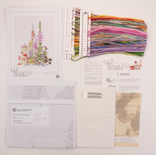 Thea Gouverneur - Counted Cross Stitch Kit - American Wildflowers - Aida - 16 Count - Embroidery Kits for Adults - Crafts - DMC Embroidery Threads and Other Cross Stitch Supplies Included - 554A - color: 554A Aida