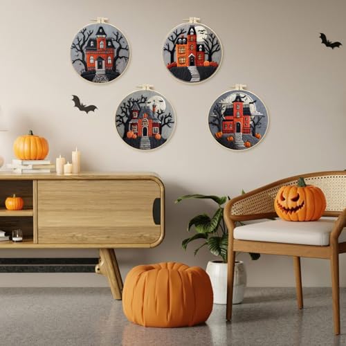 LB 4-Pack Halloween Castle Embroidery Kit for Beginners: Fall Pumpkin and Black Tree Bat Cross Stitch Kit | Adults DIY Starter Kit Includes Embroidery Hoop, Colorful Threads, Tools and Instructions - color: Black Orange