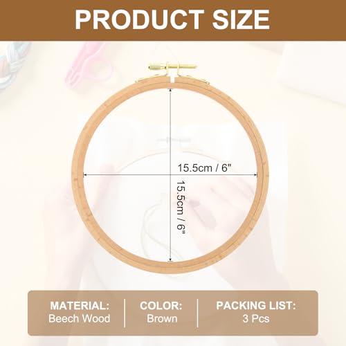 PATIKIL 3 Pieces 6 Inch Beech Wood Embroidery Hoops, Circle Cross Stitch Hoop Frames Embroidery Hoop Ring with Adjustment Brass Screw for Sewing, Needlework, DIY Craft Decoration - size: 6 Inch