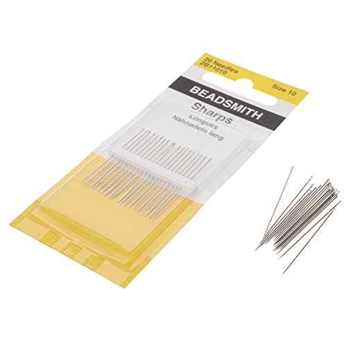 The Beadsmith Sharps Beading Needles - Size 10, Short for Smaller Areas, 20 Needles Per Card, European Quality, All Purpose Sewing Needle, Use for Mending and General Hand Sewing - size: #10 - 20 Needles