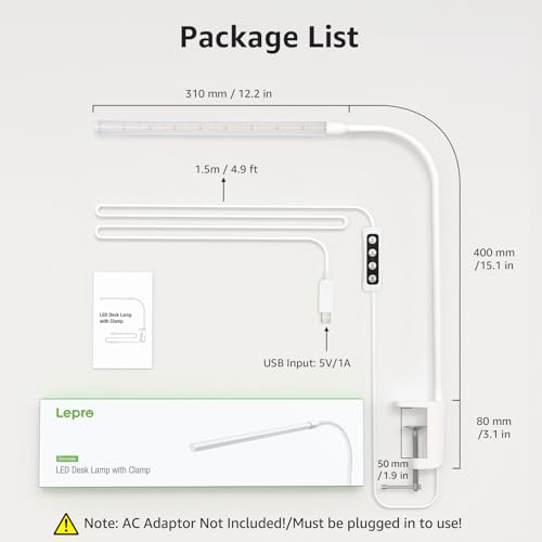 Lepro Small Desk Lamp with Clamp, LED Reading Lamps, 460LM, 5W, White - color: White