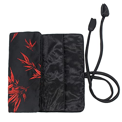 SmilerSmile Jewelry Travel Bag Embroidery Travel Jewelry Organizer with Tie Close Embroidered Flower Jewelry Roll for Women Girls (Red Leaf BLK) - color: Red Leaf Blk