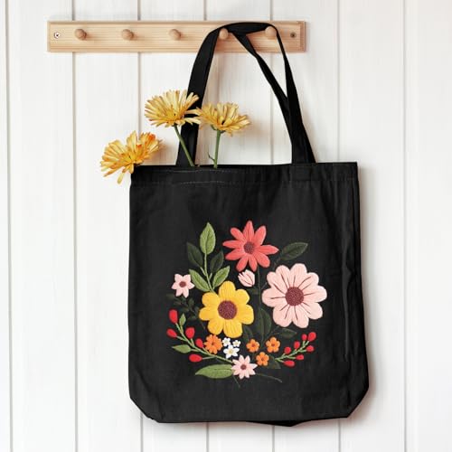 Louise Maelys Halloween Embroidery Kit Canvas Tote Bag with Flower Pattern - color: flower 1
