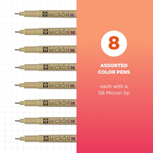 SAKURA Pigma Micron Fineliner Pens, Assorted Colors, 08 Tip, 8 Count - style: 08 Tip (Pack of 1)