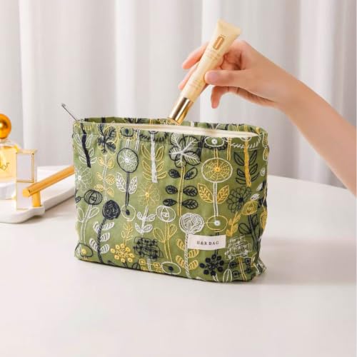 Embroidered Floral Makeup Pouch Green Linen Cosmetic Bag Zipper Purse - color: Green Streamlined Wildflower