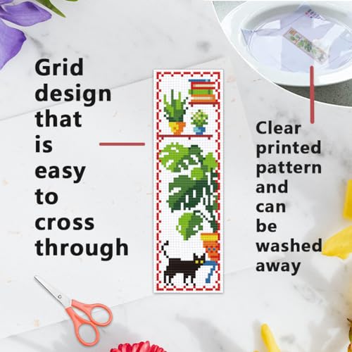 INFUNLY 6pcs DIY Cross Stitch Bookmark Kit Plant Stamped Embroidery Bookmark Kits Instruction Included 8.7x3.1 Black Cat Easy Cross Stitch Kits for Adults Beginners Book Needlepoint Bookmark Kit - style: Plant Book