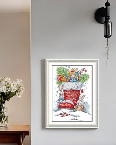 CaptainCrafts Cross Stitch Kits Full Range Counted Fabric DIY Art Needlecrafts Embroidery Kit for Adults Beginner (Unpreprint 14CT, Rabbit in The Christmas Boots) - color: Rabbit In The Christmas Boots, size: Unpreprint 14CT