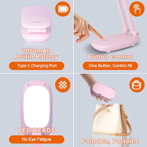 Akejrym LED Desk Lamp for Office Home & Battery Operated Lamp Rechargeable Lamp Foldable & Portable Light, [2-Fold Bracket] 3 Brightness Dimmable Small Desk Lamp Wireless Reading Lamp (Pink) - color: Pink