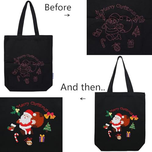 CREAWONDER Canvas Tote Bag Embroidery Kit with Pattern for Beginners, Arts and DIY Embroidery Crafts Kits for Adults, Include Instructions, Thimble, Embroidery Hoops, Color Threads and Tool - color: CR002 SantaClaus