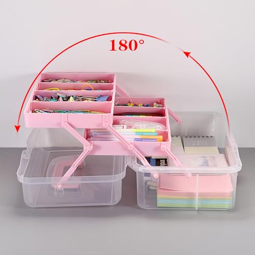 BTSKY 3-Layer Clear Plastic Dividing Storage Box Craft Organizer and Storage with Adjustable Spacers Portable Handled Art Supply Organizer Multipurpose Home Utility Box Sewing Organizers (Pink) - color: Clea+Pink