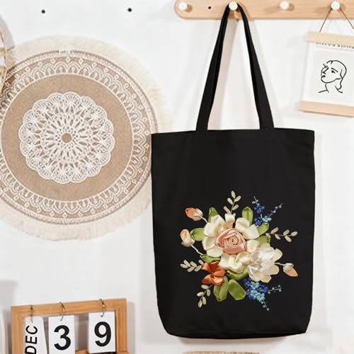 CREAWONDER Canvas Tote Bag Embroidery Kit with Pattern for Beginners, Arts and DIY Embroidery Crafts Kits for Adults, Include Instructions, Embroidery Hoops, Color Threads and Tool - color: Cr002 Xiaoqingxin06 Black